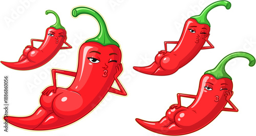 Collection of four cartoonishly anthropomorphic spicy red chili peppers winking and blowing air kisses on transparent background