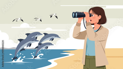 Woman Observes Dolphins Jumping In Sea Through Binoculars On Beach Scene