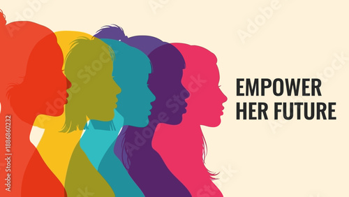 Empower Her Future Banner: Diverse Women Silhouettes Symbolizing Female Strength, Solidarity, and Gender Equality.