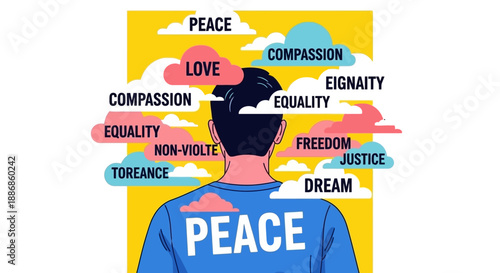 Person Surrounded by Clouds of Positive Concepts Like Peace, Love, and Justice