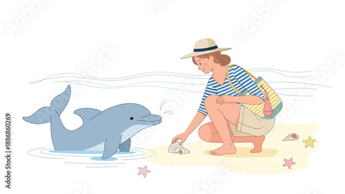 Woman Offers Seashells To A Curious Dolphin On The Tropical Beach