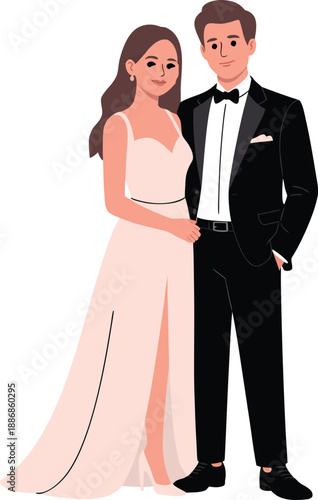 an illustration depicting a formally dressed couple a woman in a gown and a man in a tuxedo standing closely together