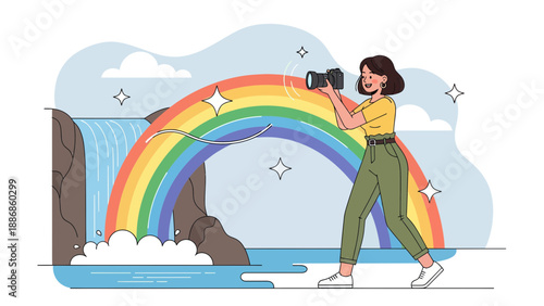 Woman Photographer Capturing a Vibrant Rainbow over a Scenic Waterfall Landscape