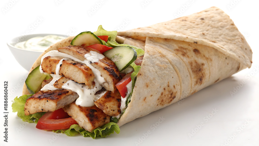 Αυτοκόλλητο Grilled chicken wrap with fresh vegetables and sauce in whole wheat tortilla clo