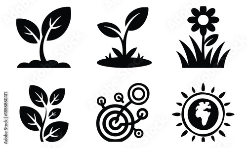 Set bundle earth day silhouette icons plants growing flowers sun and earth