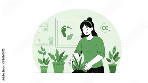 Woman Planting Reducing Carbon Footprint In Home Environment Friendly Lifestyle