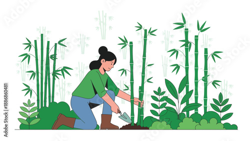 Woman Planting Bamboo Stalks In Garden With Various Tropical Vegetation