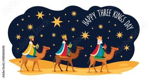 Happy Three Kings Day Celebration with Three Wise Men on Camels