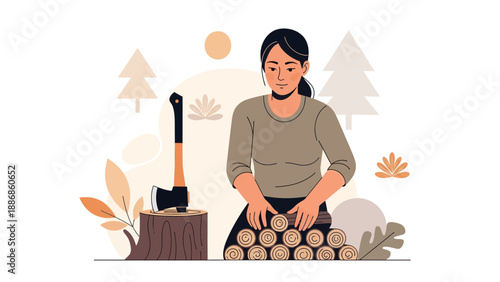 Woman Preparing Firewood For Winter Season Illustration In Vector Format