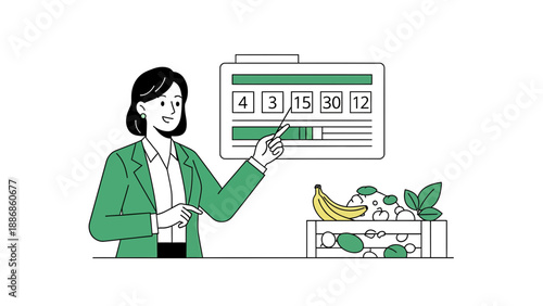 Woman Presenting Nutrition Data With Fruits For Balanced Diet Education Illustration