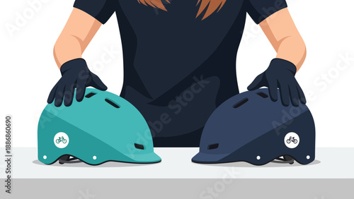 Woman Presenting Two Modern Bicycle Helmets for Safe Urban Commuting Choices
