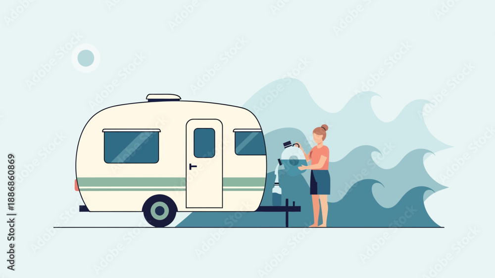 Fototapeta premium Woman Refilling Water Tank On Camping Trailer For A Relaxing Road Trip