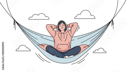 Woman Relaxing In A Hammock With Clouds In The Background Illustration