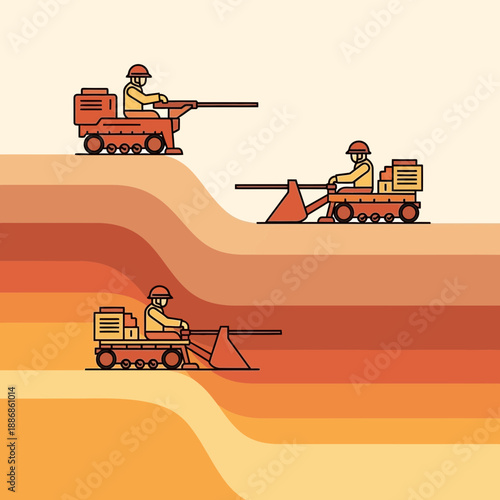 Workers Operating Powerful Construction Vehicles On Dynamic Layered Terrain Vector Art