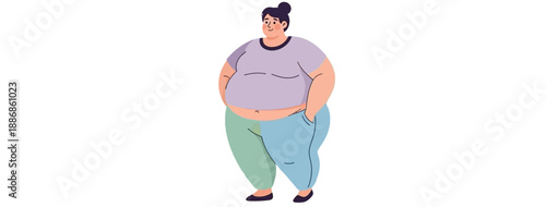 A plus-sized woman stands confidently with hands in pockets, wearing casual attire, against a simple background from a frontal viewpoint.