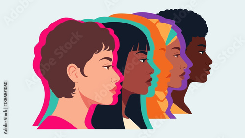 Diverse Women Profiles Illustration. Empowerment, Unity, and Inclusion Concept. Flat vector art representing multicultural females and sisterhood.