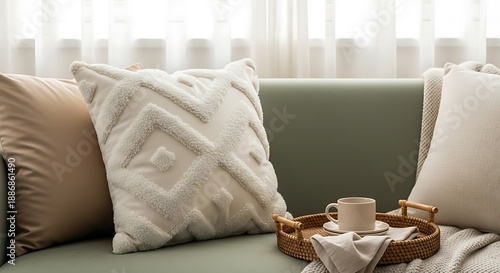 Cozy cushions and a coffee mug on a couch