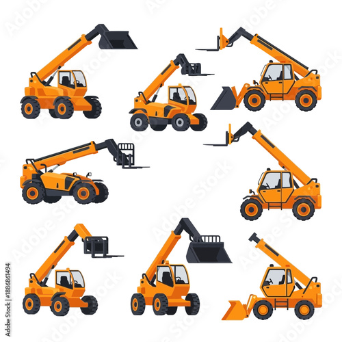 Yellow Telescopic Handler Machines Vector Illustration Set Construction Logistics