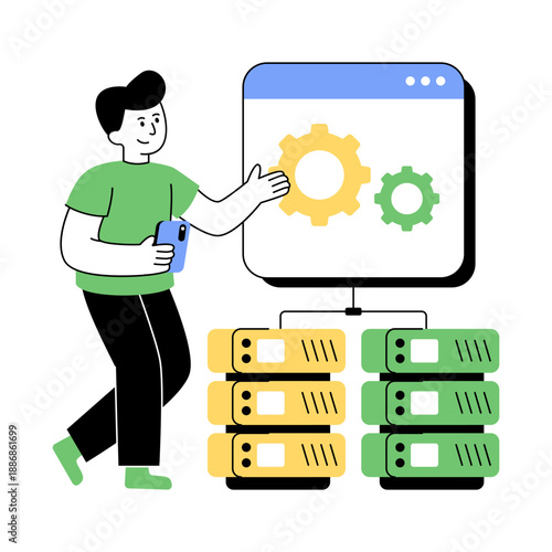 Db rack with gear, illustration of server setting
