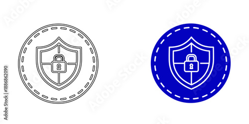 Blue Shield Icon with Padlock and Dashed Circle for Encrypted Data Protection, Cyber Security, and Privacy Verification