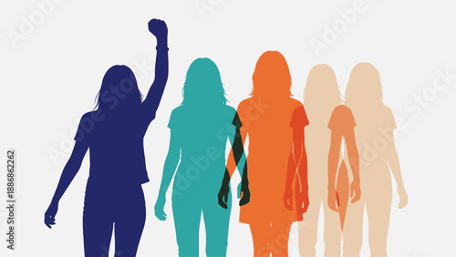 Women's Rights and Power: Diverse Female Silhouettes with Raised Fist. Solidarity and Activism Concept.