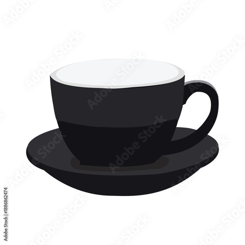 Minimalist black coffee cup with saucer illustration on white background. Simple flat style design suitable for café branding, restaurant menu, beverage concept, UI icon, web design, and food-related 
