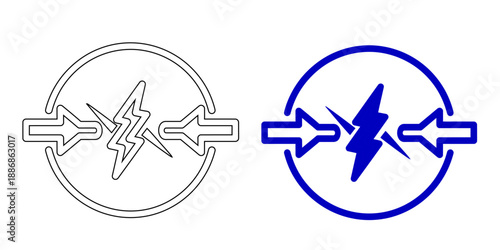 Blue Lightning Bolt Icon with Opposing Arrows for Electrical Energy, Power Collision, and Dynamic Voltage Charging