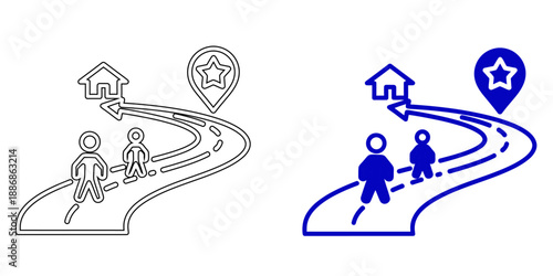 Blue Icon of People on a Path Toward a House and Star Pin for Real Estate Journey, Family Home Buying, and Location Goals