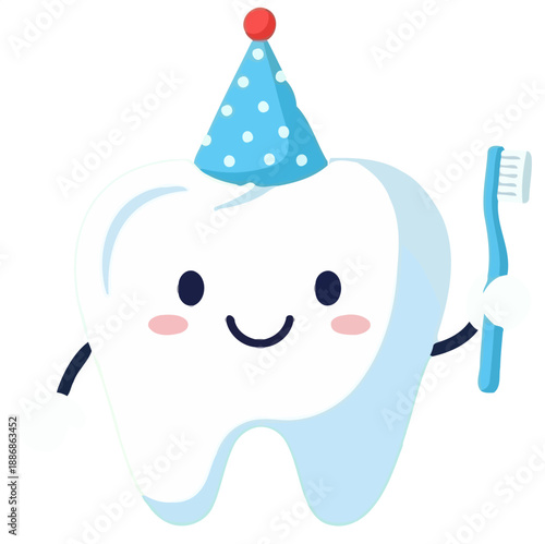A cartoon tooth wearing a party hat and holding a toothbrush, celebrating oral hygiene with a cheerful expression