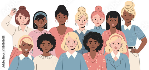 Diverse group of women standing together, smiling and looking forward, illustration of unity and solidarity