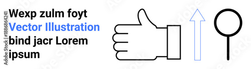 Business growth, approval, analysis, online search, icons, and digital concepts. Thumbs-up symbol, outlined upward arrow magnifying glass with text. Business growth and analysis
