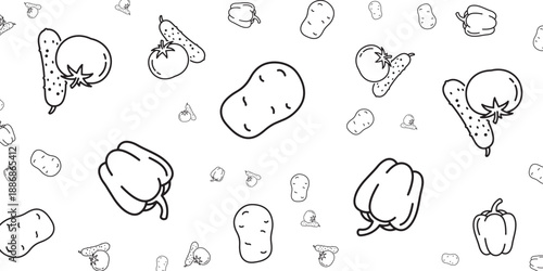 Pattern of hand-drawn vegetables like tomatoes, peppers, cucumbers, and potatoes on a white background