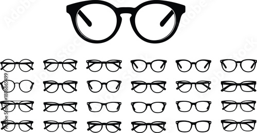 Eyeglasses and spectacles silhouette collection with multiple frame styles, black optical icon set design for vision care, fashion branding, eyewear catalog, and minimalist graphic use