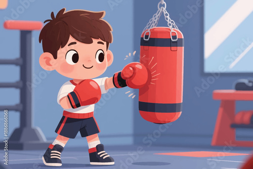 Smiling boy boxing with red gloves, punching hanging bag in gym with training equipment and window.