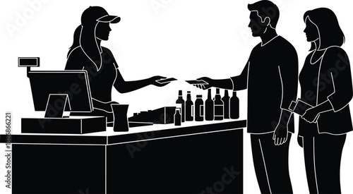 Liquor store checkout scene silhouette with cashier and customers buying alcohol bottles, black retail service and payment concept icon design for shop, commerce, and consumer lifestyle graphic use