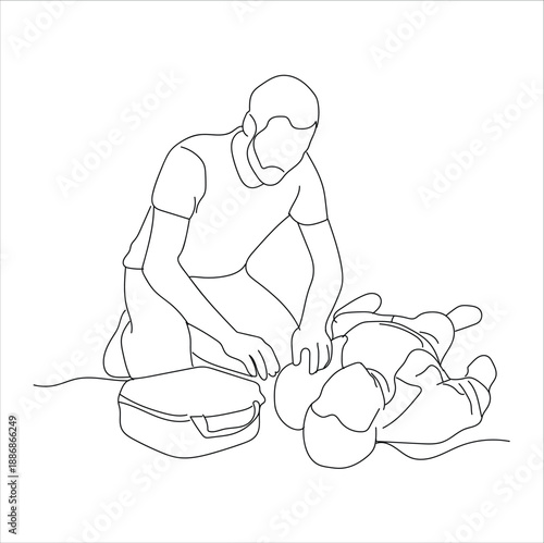 first aid for someone who has fainted. Female nurse use defibrillator for cardiac arrest of man patient suffer from heart attack. line art