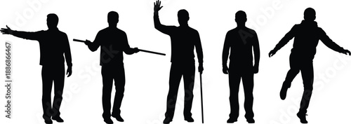 Men silhouette pose collection showing pointing, holding stick, waving, standing, and jumping gestures, black human figure icon set for action, body language, motion concept, and design use