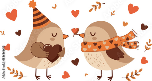 Cute love birds couple with hearts, scarf, and party hat in warm kawaii cartoon style for Valentine’s Day vector designs