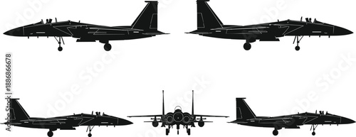 Military fighter jet silhouette set showing side and front views, black modern combat aircraft icon collection for air force, defense technology, aviation illustration, and tactical graphic use