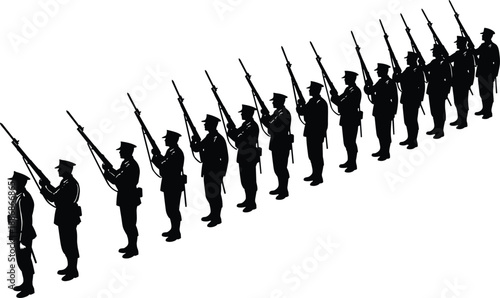  Military honor guard silhouette formation with soldiers holding rifles during ceremonial salute, disciplined armed forces lineup concept, minimalist black vector illustration isolated on white backgr