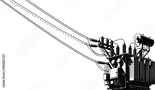 High voltage power transformer with overhead transmission lines, electrical substation equipment silhouette, black vector illustration for energy infrastructure, electricity distribution, utility 