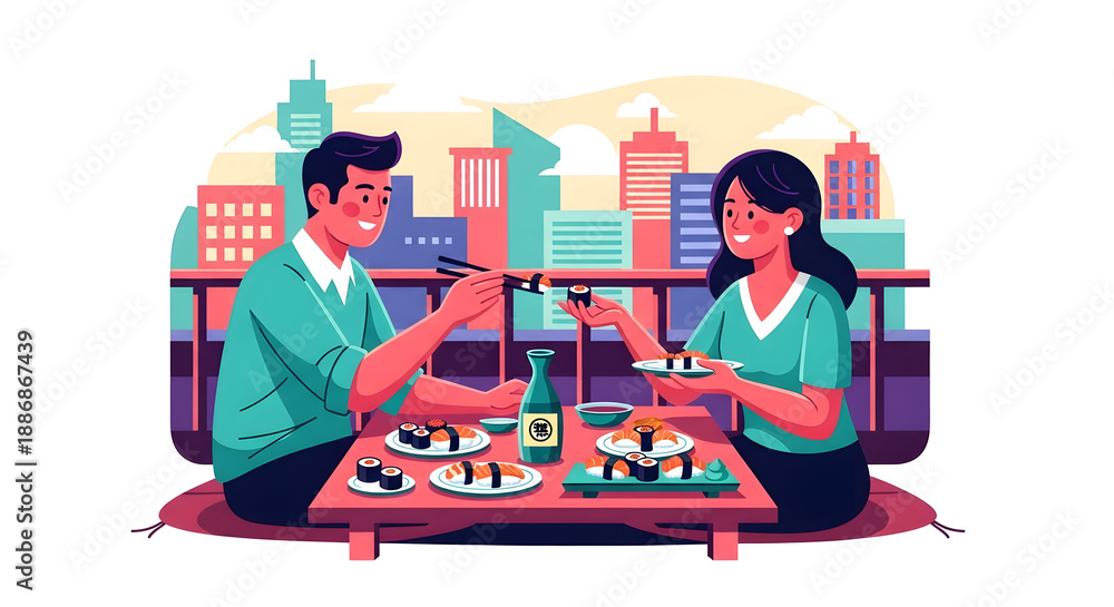 Naklejka premium a romantic couple enjoying sushi on a rooftop terrace at sunset with a city skyline backdrop and festive outdoor dining lighting.