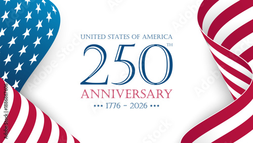 United States of America 250th anniversary celebration banner for USA Independence Day greetings and invitations. Waving American flag. Vector illustration.