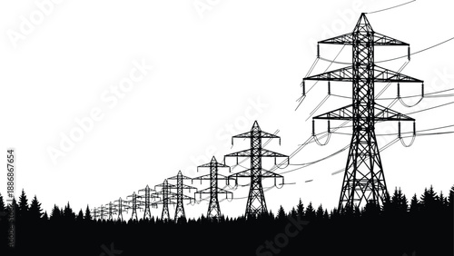 High voltage power transmission towers landscape silhouette, electricity pylons over forest horizon, black vector illustration for energy infrastructure, industry, grid distribution design