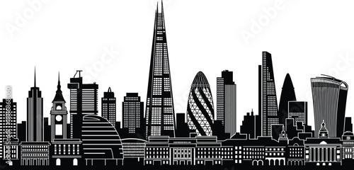 Highly Detailed London City Skyline Silhouette Vector Illustration, Famous United Kingdom Landmarks Panorama, The Shard, Gherkin, UK Travel, Financial District Architecture Background