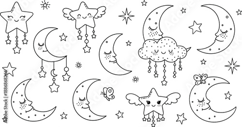 Cute moon and star doodle set with clouds, sparkles, and dreamy celestial elements in black and white coloring page vector style