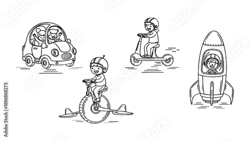 Dreamy Ride of Transportation: A collection of various vehicles showcases the future of travel with delightful illustrations. A car, scooter, unicycle, and rocket bring a sense of imagination.