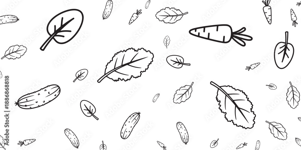Obraz premium Seamless Pattern of Fresh Vegetables and Leaves, Healthy Food Illustration
