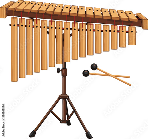 Wooden chime percussion instrument on stand with mallets, orchestral and educational musical equipment concept, detailed vector illustration isolated on white background