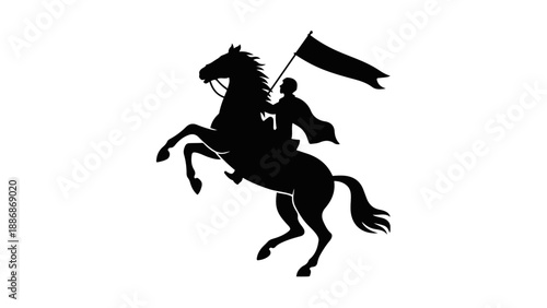 Rearing Horse Silhouette with Knight Holding Victory Flag